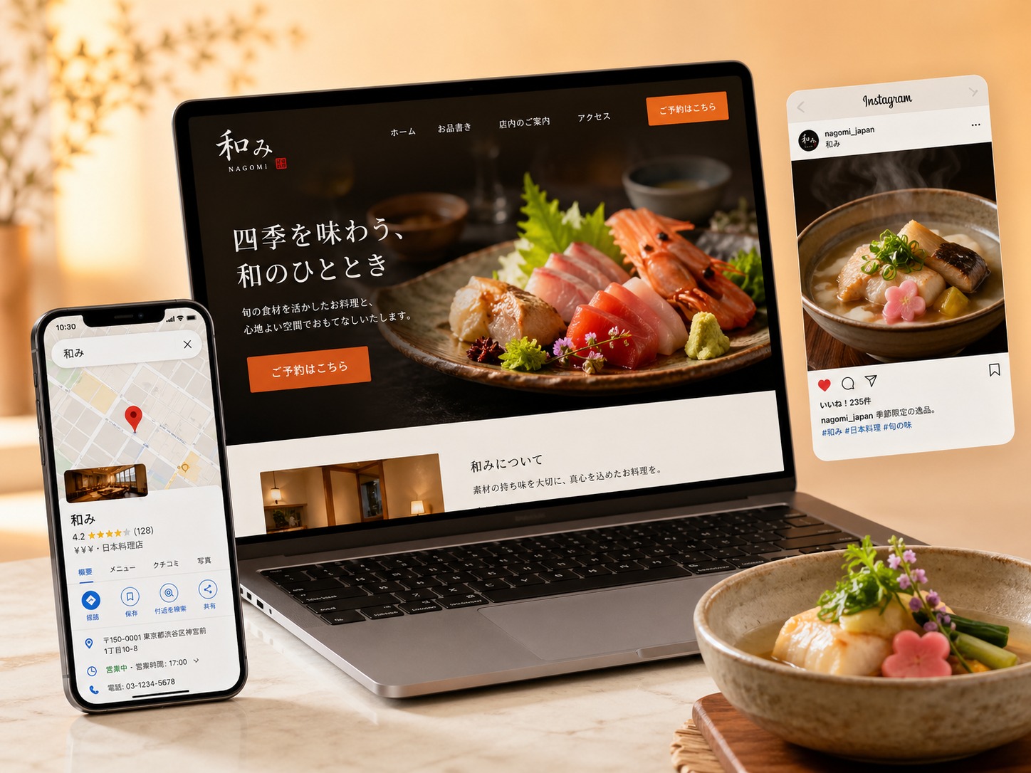 飲食店のホームページ・Googleマップ・Instagramのコラージュイメージ